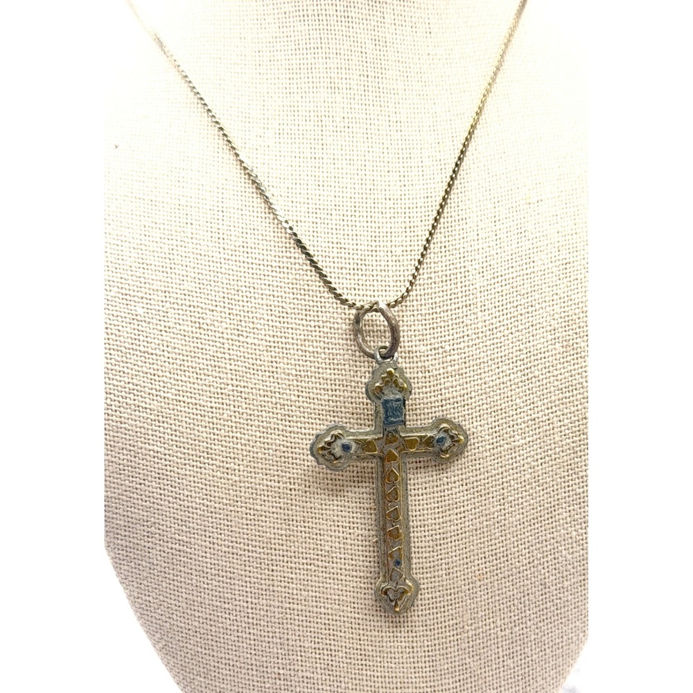 Vintage Italy Cross Necklace Silver Gold Tone 24 Inch